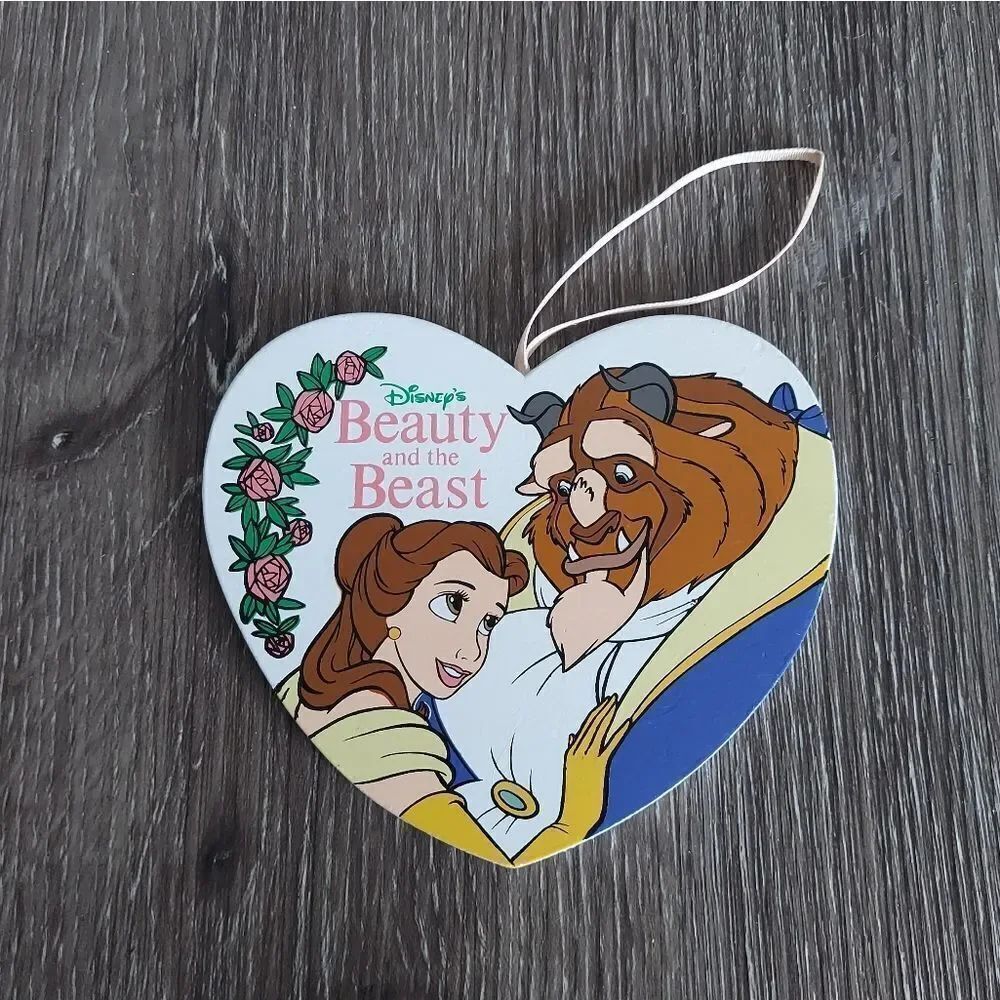 Vintage Disney Beauty & Beast Flat Heart Wood Christmas Ornament